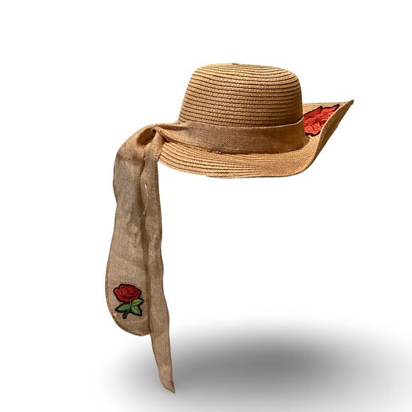 Royal Road Trading Accessories - Rose Applique Paper Straw Sun Hat